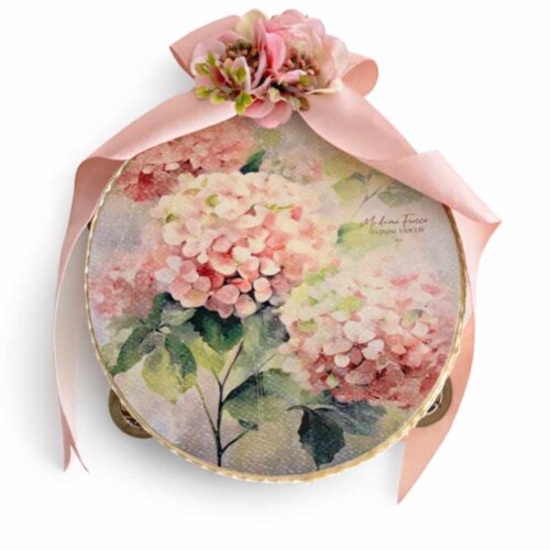 Tambourin Spring Caress 18 cm avec fleurs roses et noeud avec rubans roses Madame Fioccò