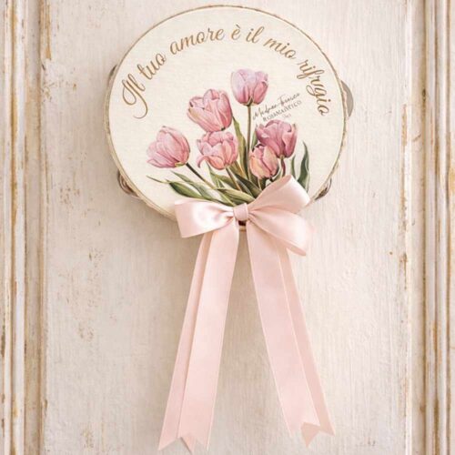 Tambourin 13 cm avec tulipes roses et inscription Ton amour est mon refuge avec nœud rose Madame Fioccò