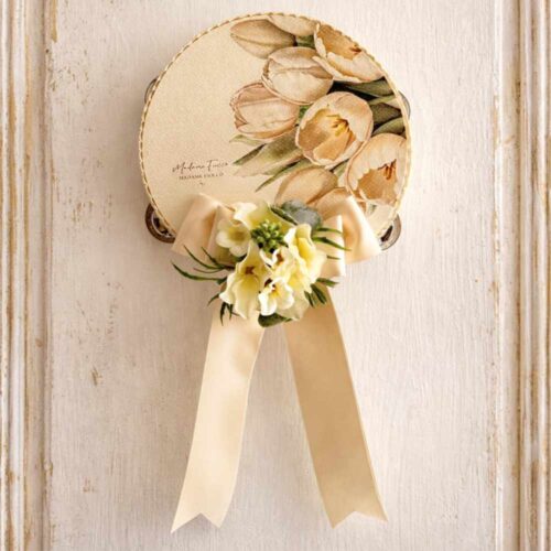 Tambourin Rêve de Printemps 18 cm avec imprimé tulipes et nœud couleur crème avec application florale Madame Fioccò