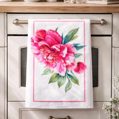 Canovaccio in cotone 50x75 con grande peonia rosa e foglie verdi, bordo rosa su fondo bianco, collezione Bloom.