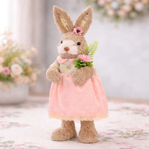 Coppia conigli Nuvole di Stoffa Pepen H 40 cm in peluche, lui con camicia vichy e bouquet, lei con abito rosa a cuori e pizzo.