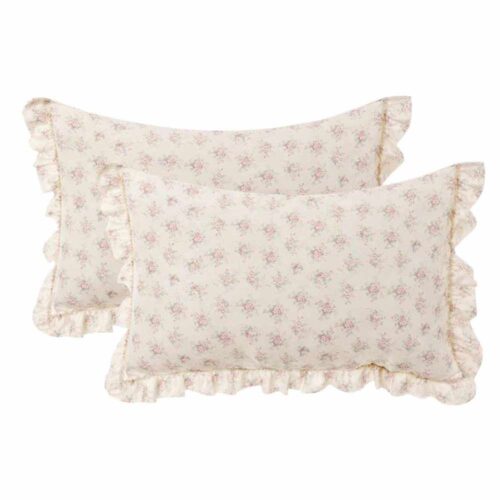 Set di 2 copricuscini Blanc Mariclò con stampa floreale rosa e bordo con gala, stile shabby romantico.