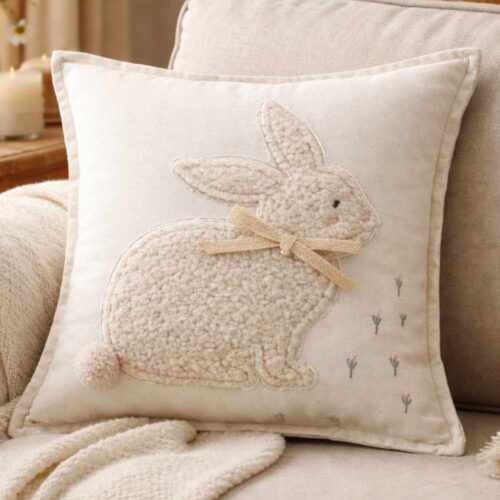 Cuscino quadrato panna con applicazione coniglio in tessuto bouclé, fiocco al collo e piccoli ricami floreali.