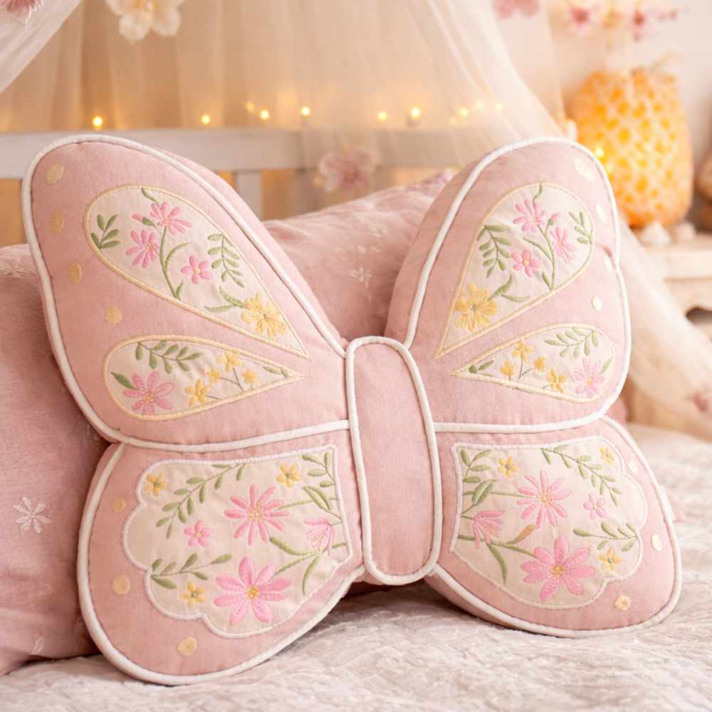 Clodette Cuscino Farfalla Rosa 45x37 cm 1 Cuscino a forma di farfalla rosa con ricami floreali rosa e gialli su inserti panna in cotone.
