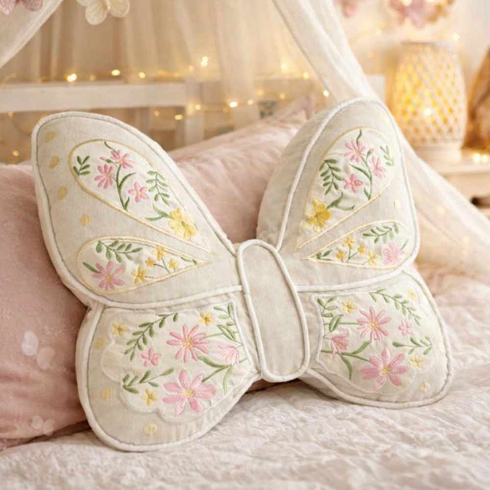 Cojín en forma de mariposa de color crema con bordado floral rosa y amarillo sobre fondo de algodón.
