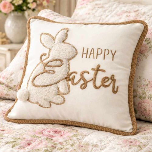 Cuscino pasquale Clodette in cotone avorio 49x49 cm con ricamo Happy Easter, coniglietto applicato in tessuto bouclé e bordo intrecciato beige.