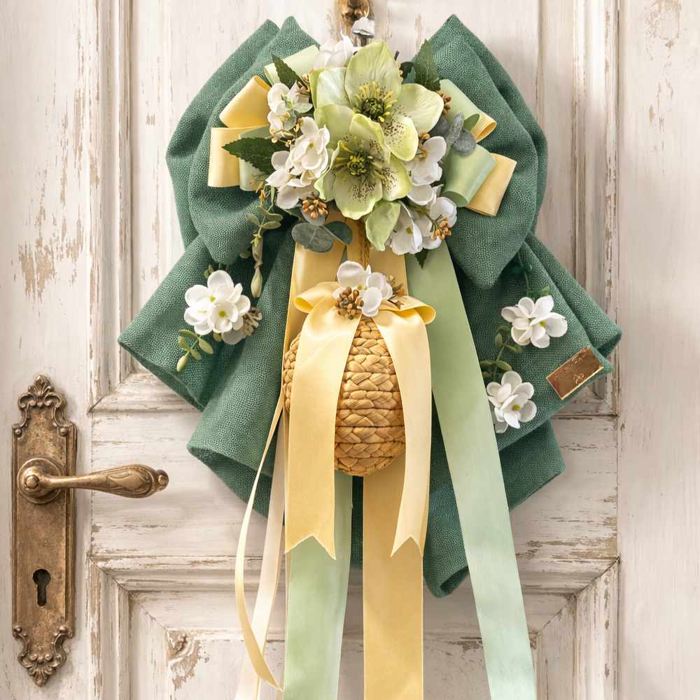 Boucle verte h 50 cm avec fleurs pâles, rubans verts et jaunes et œuf de Pâques décoratif Madame Fioccò