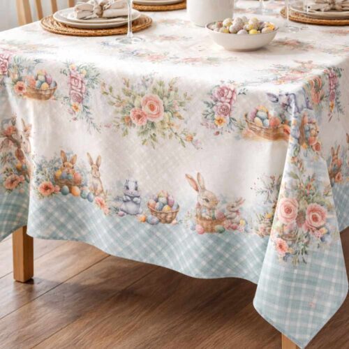 Tovaglia pasquale Clodette Peony 140x270 cm in cotone con coniglietti, cestini di uova colorate, peonie rosa e bordo a quadretti azzurro.