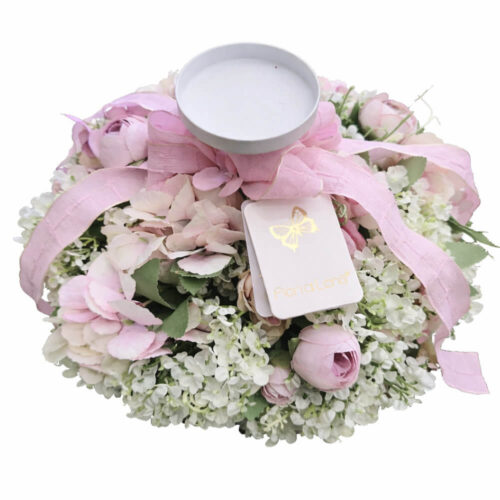 Fiori di Lena Candelabro con Ortensia Rosa e Nebbiolina Ø25 cm Shabby Chic - immagine 3