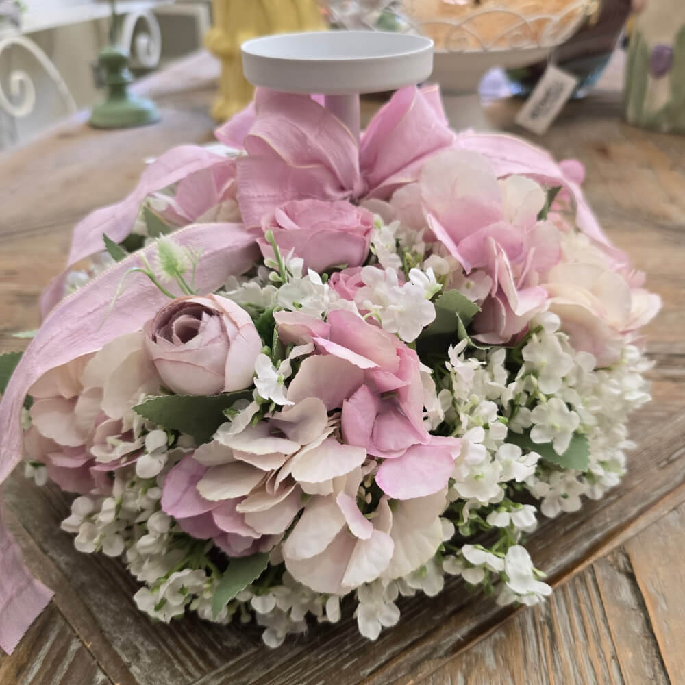 Fiori di Lena Candelabro con Ortensia Rosa e Nebbiolina Ø25 cm Shabby Chic - immagine 2