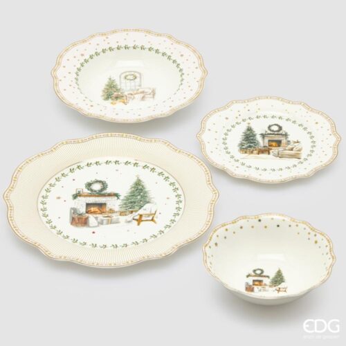 EDG Service de Table Cheminée Blanc Vert pour 6 personnes 24 Pcs