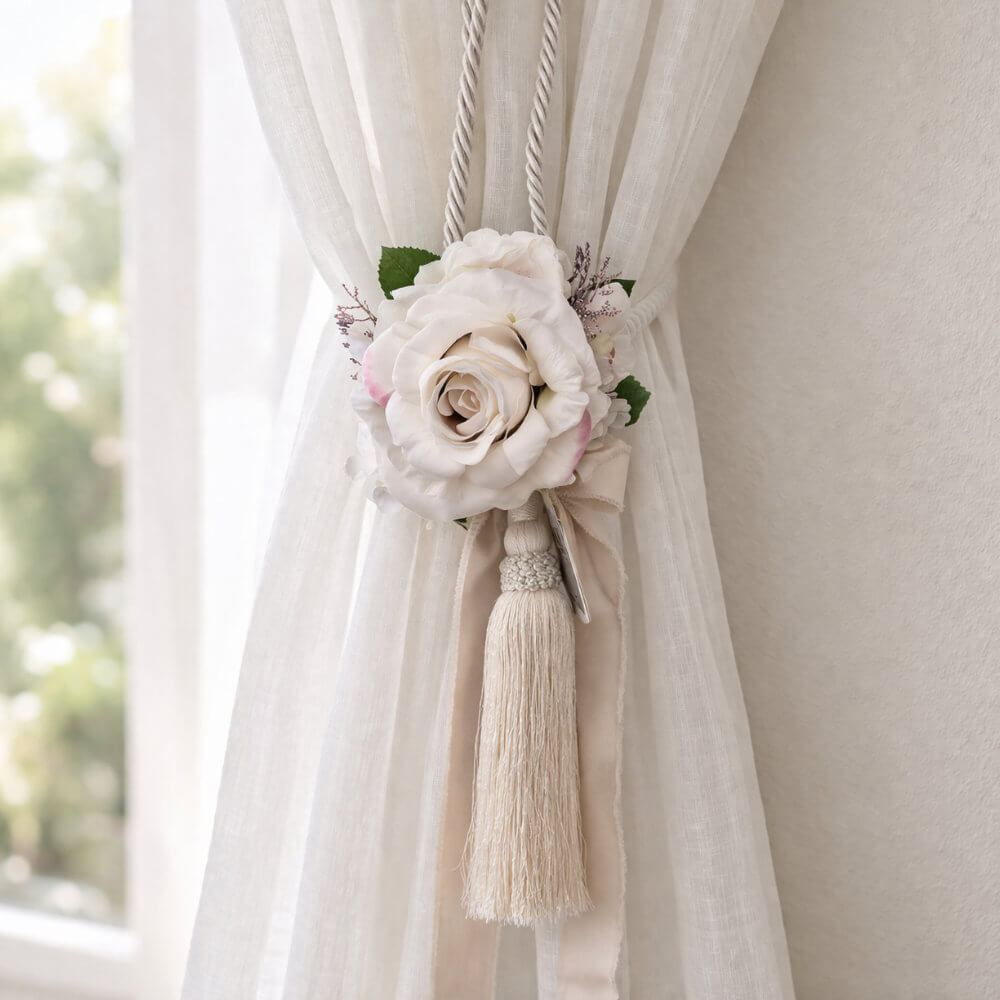 Embrasse pour Rideaux ivoire avec rose décorative et hortensia et pompon élégant shabby chic.