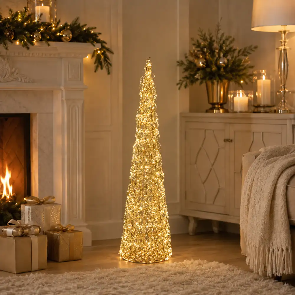 EDG Árbol LED rizado, cono dorado, 80 de altura