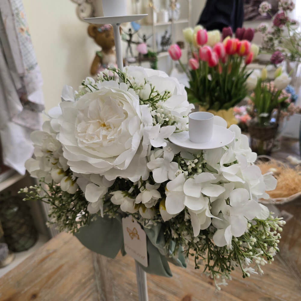 Candelero de 3 llamas Fiori di Lena con 2 peonías blancas y decoración floral 65 cm - Imagen 7