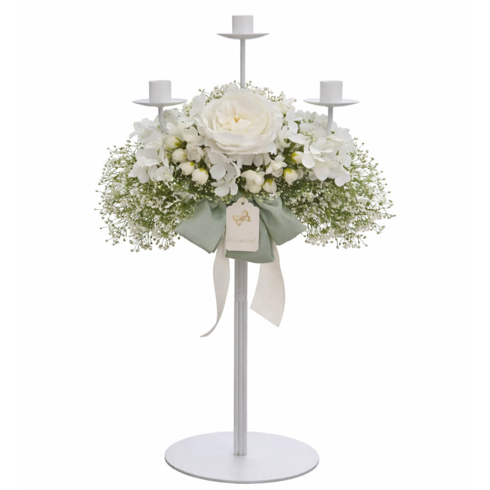 Candelero de 3 llamas Fiori di Lena con 2 peonías blancas y decoración floral 65 cm - Imagen 2
