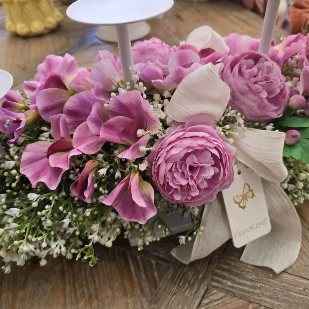 Fiori di Lena Candelabro 4 Fiamme con Ranuncoli Rosa e Fiorellini Bianchi 70 cm - immagine 5