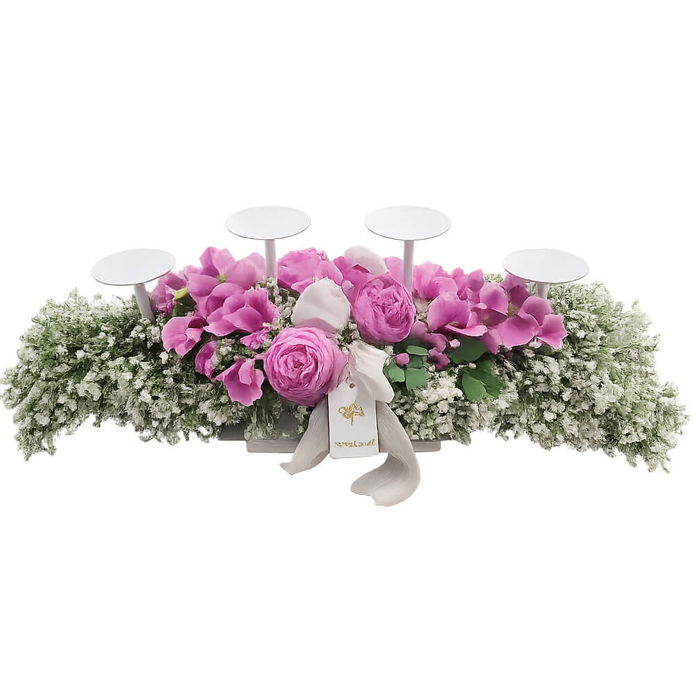 Fiori di Lena Candelabro 4 Fiamme con Ranuncoli Rosa e Fiorellini Bianchi 70 cm - immagine 4