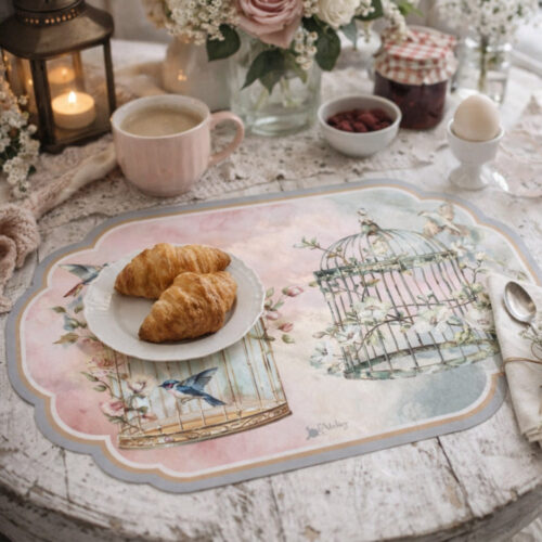 Tovaglietta in vinile Gabbiette L'Atelier 17 con stampa acquerello di due gabbie decorative vintage fiorite con rose e fiori bianchi e uccellini in volo, su sfondo sfumato rosa e salvia con bordo sagomato.