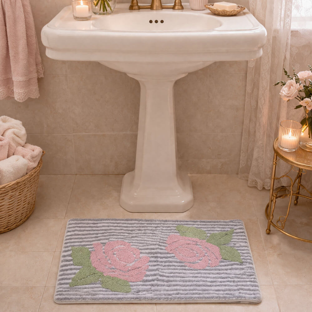 Alfombrilla de baño de algodón a rayas blancas y grises con rosas rosas y hojas verdes L'Atelier Garden Collection 17 50x80 cm