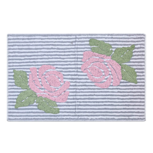 Alfombra de baño L'Atelier 17 Rayas grises con rosas 50x80 - Imagen 2