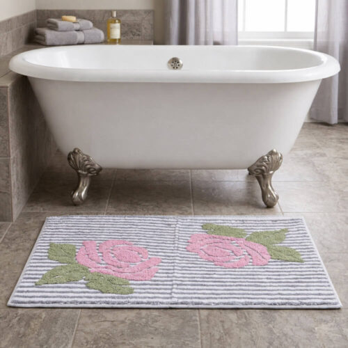Tapis de bain en coton rayé blanc et gris avec roses roses et feuilles vertes Collection L'Atelier 17 60x100 cm