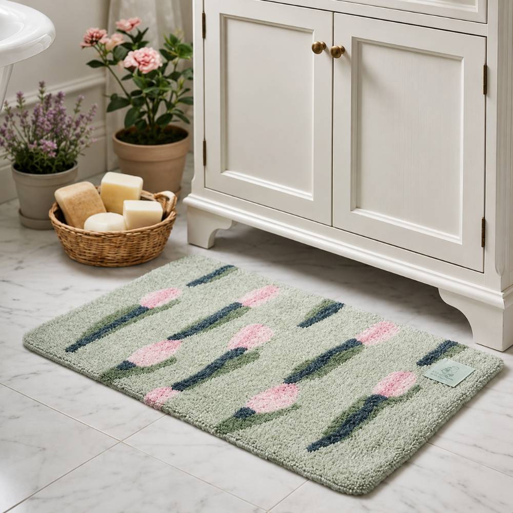 Tappeto bagno in cotone verde menta con motivo a tulipani rosa collezione Garden L'Atelier 17 50x80 cm