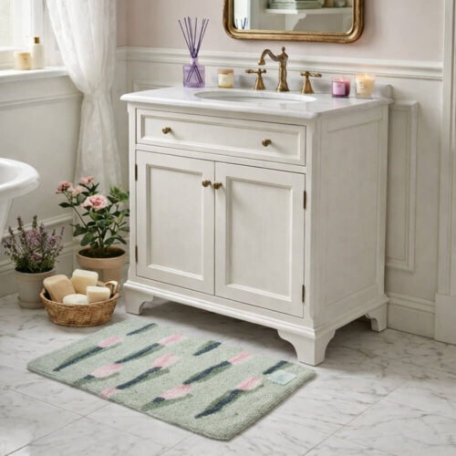 Tappeto bagno in cotone verde menta con motivo a tulipani rosa collezione Garden L'Atelier 17 50x80 cm