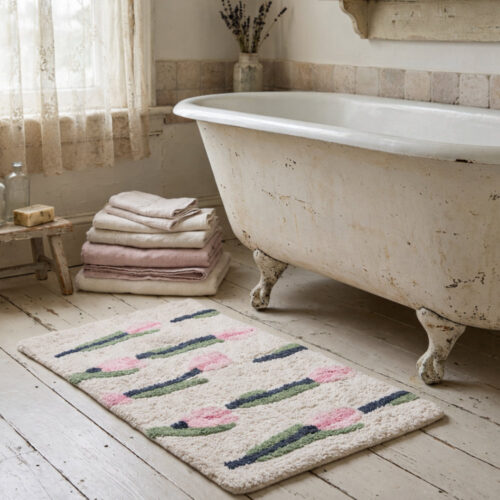 Tappeto bagno grande in cotone bianco panna con tulipani rosa e steli verdi e blu collezione Garden L'Atelier 17 60x100 cm