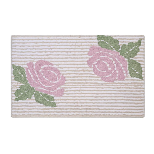 Tappeto bagno in spugna di cotone a righe bianche e beige con rose rosa e foglie verdi collezione Garden L'Atelier 17 50x80 cm