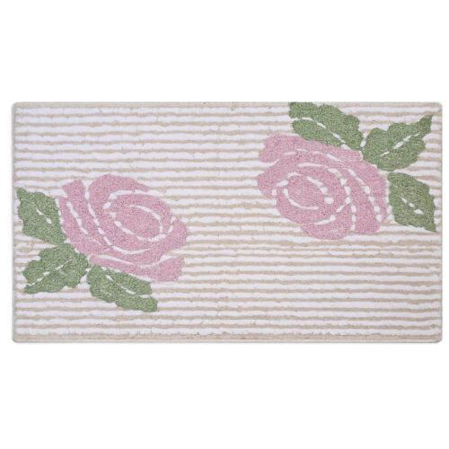 Tappeto bagno grande in spugna di cotone a righe bianche e beige con rose rosa e foglie verdi collezione Garden L'Atelier 17 60x100 cm