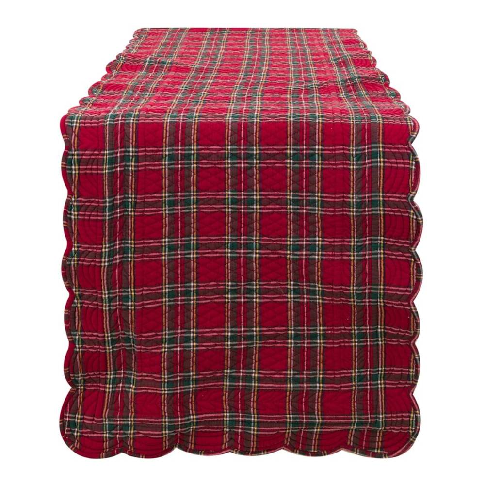 Chemin de table Blanc Mariclo en coton à motif Tartan rouge, avec finition boutis et bords festonnés.