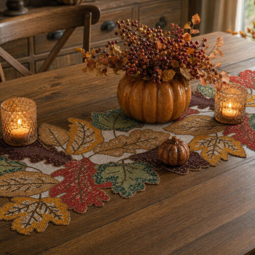 Blanc Mariclo Chemin de table Automnal Feuilles Brodées 33x91