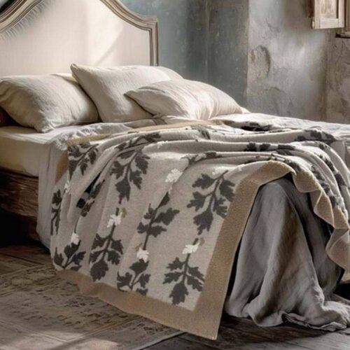 Blanc Mariclo Plaid in Lana Cotta Foglie Grigio Antracite 160x200