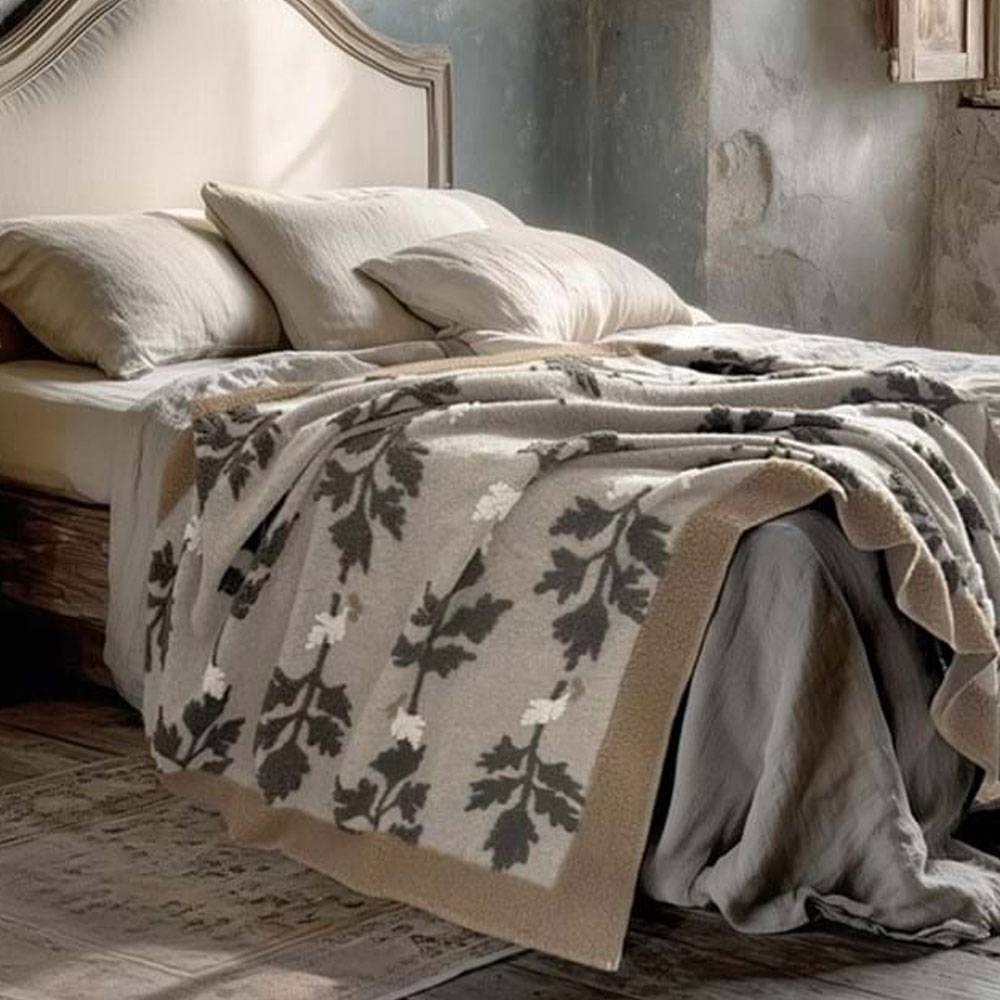 Blanc Mariclo Plaid in Lana Cotta Foglie Grigio Antracite 160x200