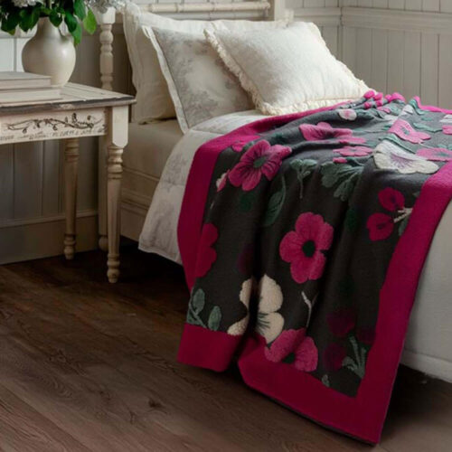 Blanc Mariclo Plaid in Lana Cotta Fiori Fucsia Antracite 160x200
