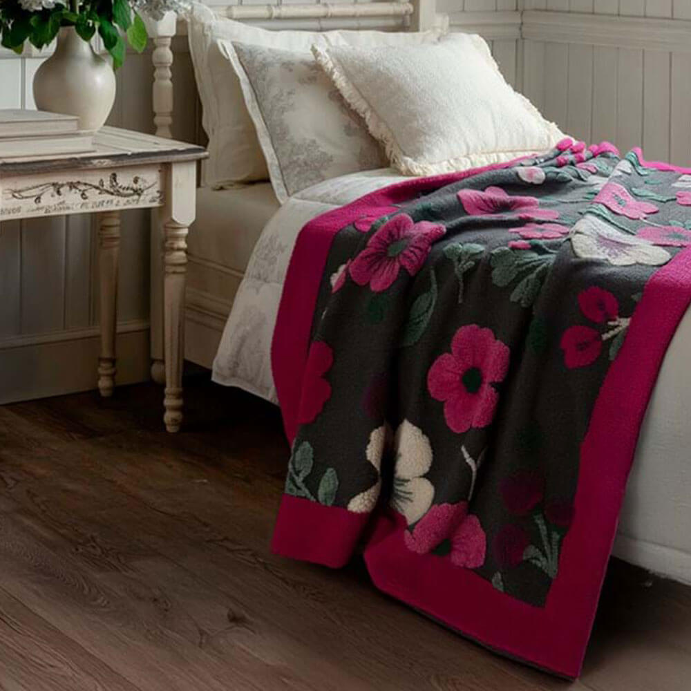 Blanc Mariclo Plaid in Lana Cotta Fiori Fucsia Antracite 160x200