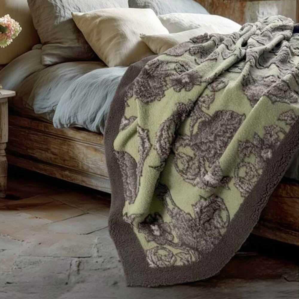 Blanc Mariclo Plaid in Lana Cotta Floreale Verde Marrone 160x200