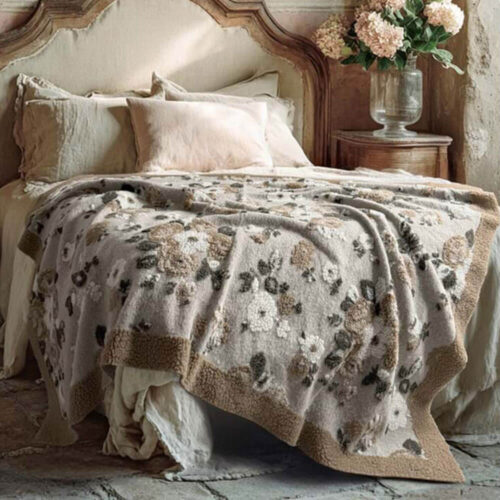 Blanc Mariclo Plaid in Lana Cotta Fiori Grigio Perla 160x200