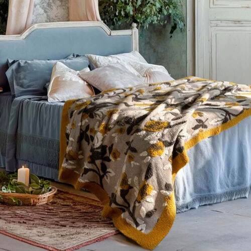 Blanc Mariclo Plaid in Lana Cotta Floreale Ocra Grigio 160x200