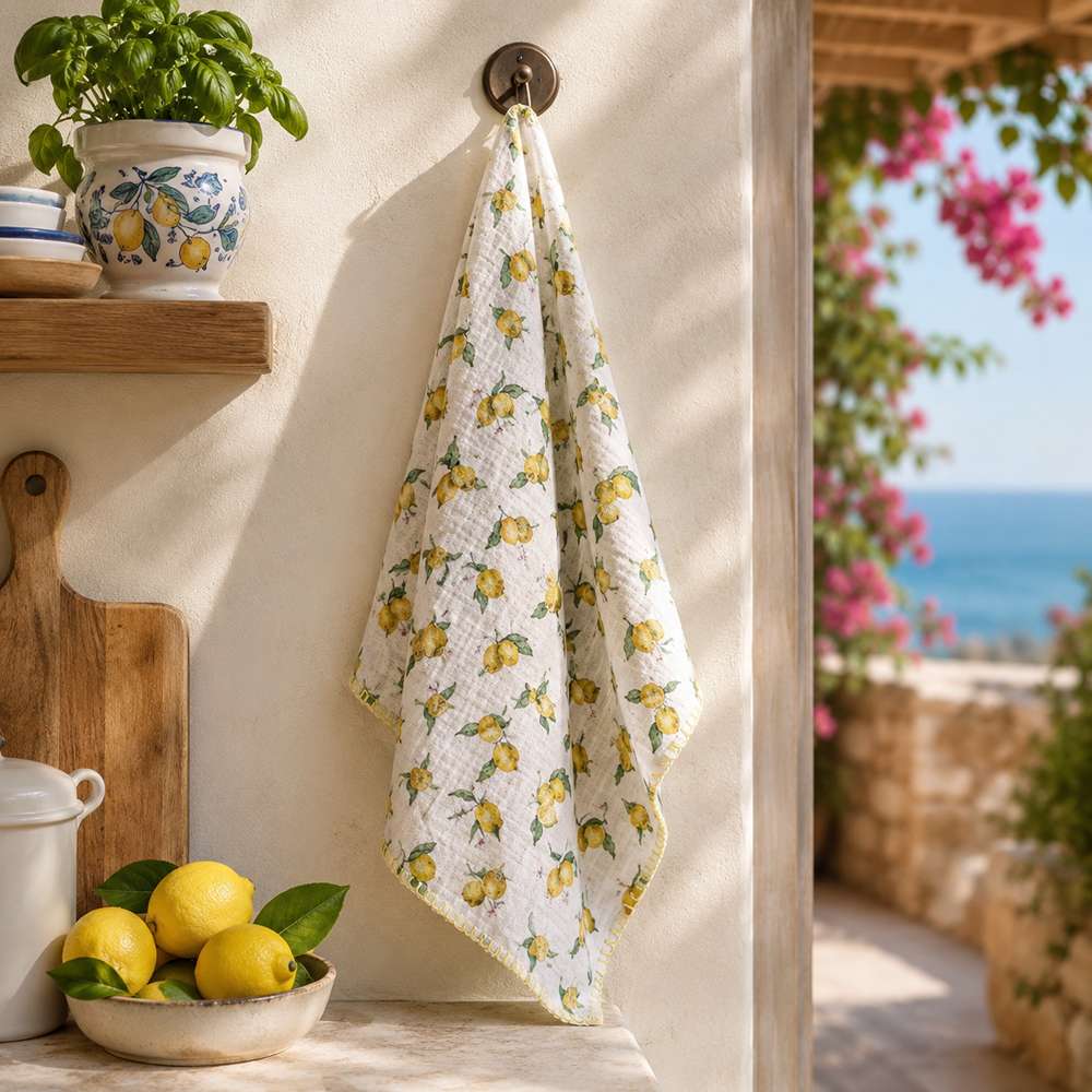 Canovaccio in cotone garzato con stampa di limoni gialli e foglie verdi su fondo avorio della collezione I Fruttati.