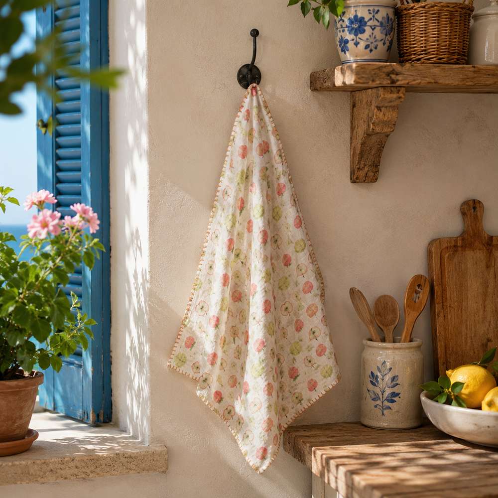 Canovaccio in cotone garzato con stampa di mele e piccoli frutti dai toni rosa e verde, rifinito con bordo cucito decorativo.
