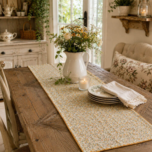 Runner da tavola in cotone garzato con fantasia floreale gialla e bordo con pizzetto decorativo senape.