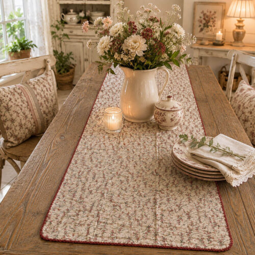 Runner da tavola in cotone garzato con fantasia floreale malva e bordo ricamato bordeaux della collezione I Botanici.