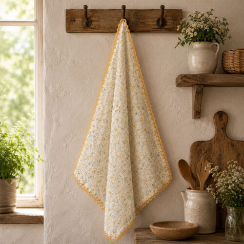 Canovaccio in garza di cotone con fantasia floreale delicata e bordino giallo della collezione I Botanici L’Atelier 17.