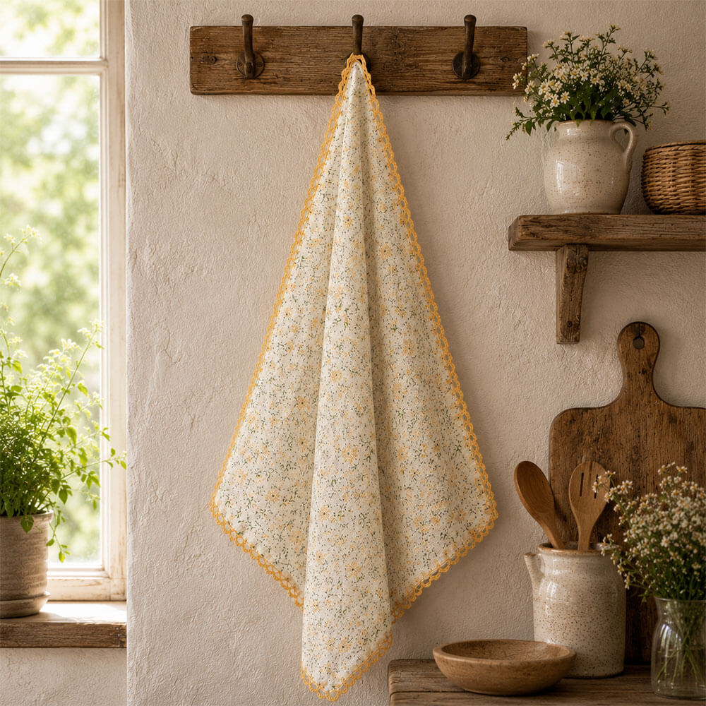 Trapo de cocina de gasa de algodón con delicado estampado floral y borde amarillo de la colección I Botanici L'Atelier 17.