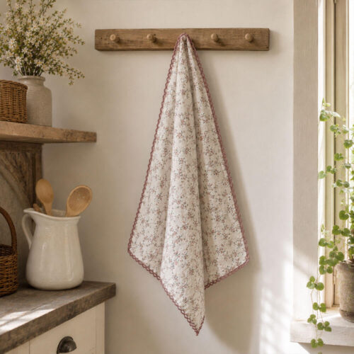 Canovaccio in garza di cotone con fantasia floreale dai toni delicati e bordino malva della collezione I Botanici L’Atelier 17.