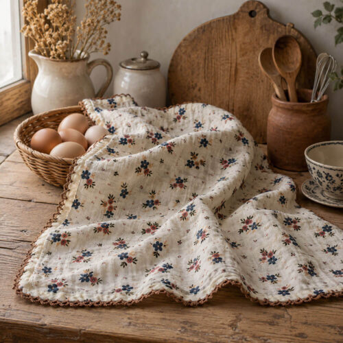 Canovaccio in garza di cotone avorio con stampa a piccoli fiorellini blu e rosa e bordino nocciola della collezione I Botanici di L’Atelier 17.