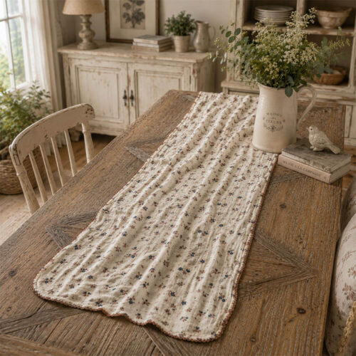 Runner shabby chic in garza di cotone con piccoli fiorellini blu e rosa e bordo ricamato nocciola.