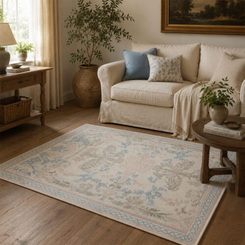 Tappeto Blanc Mariclò Sussurro rettangolare con decori classici floreali e ornamentali nei toni azzurro, beige e rosa cipria.