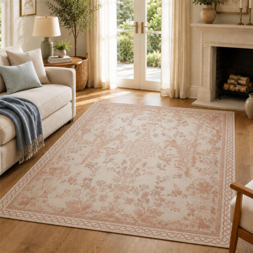 Tapis « Blanc MariClò » de la collection « Sussurro », rose poudré, avec un motif floral classique et une bordure tressée sur fond ivoire.